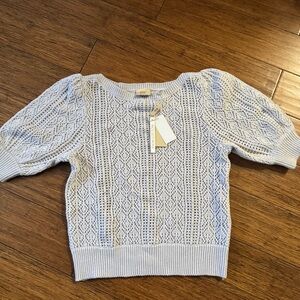 Tahari Light Blue Open-Knit Short Sleeve Sweater